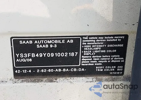 2009 Saab 9-3 2.0T z USA, uszkodzony, nr VIN YS3FB49Y091002187